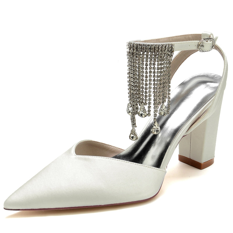 Women's Wedding Shoes Closed Toe Block Heel Buckle Bridal Shoes with Crystal & Tassels