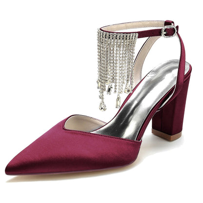 Women's Wedding Shoes Closed Toe Block Heel Buckle Bridal Shoes with Crystal & Tassels