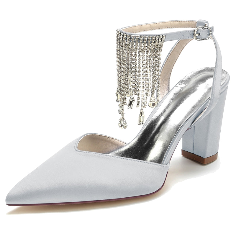 Women's Wedding Shoes Closed Toe Block Heel Buckle Bridal Shoes with Crystal & Tassels
