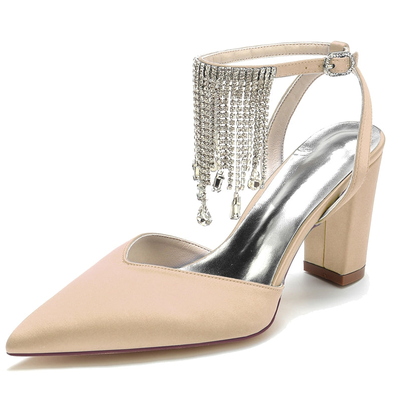 Women's Wedding Shoes Closed Toe Block Heel Buckle Bridal Shoes with Crystal & Tassels