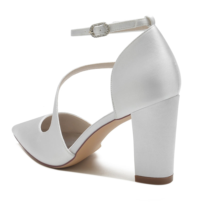 Women's Wedding Shoes Black Closed Toe Block Heel Crossed Straps Buckle Bridal Shoes