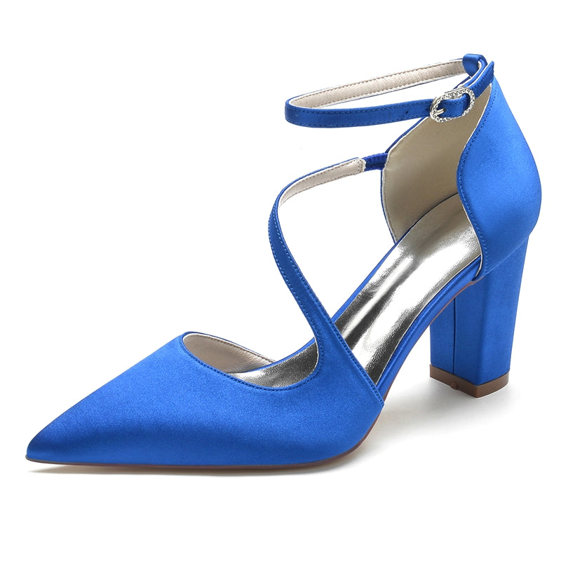 Women's Wedding Shoes Black Closed Toe Block Heel Crossed Straps Buckle Bridal Shoes