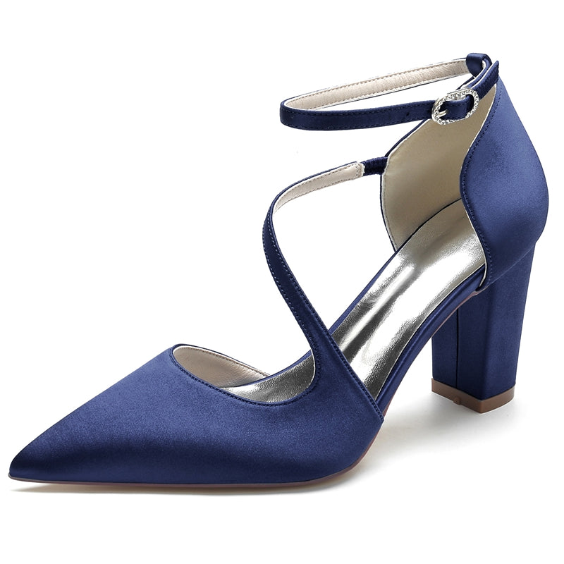 Women's Wedding Shoes Black Closed Toe Block Heel Crossed Straps Buckle Bridal Shoes