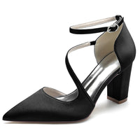 Women's Wedding Shoes Black Closed Toe Block Heel Crossed Straps Buckle Bridal Shoes