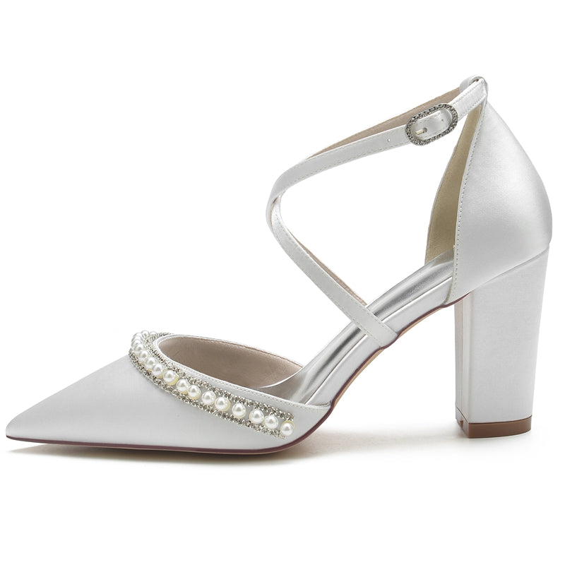 Women's Wedding Shoes Pointed Toe Chunky Heel Crossed Straps Bridal Shoes with Delicate Pearl