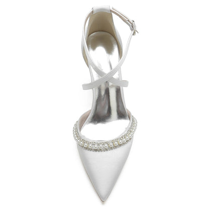 Women's Wedding Shoes Pointed Toe Chunky Heel Crossed Straps Bridal Shoes with Delicate Pearl