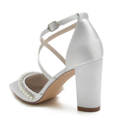 Women's Wedding Shoes Pointed Toe Chunky Heel Crossed Straps Bridal Shoes with Delicate Pearl