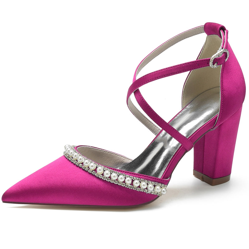 Women's Wedding Shoes Pointed Toe Chunky Heel Crossed Straps Bridal Shoes with Delicate Pearl