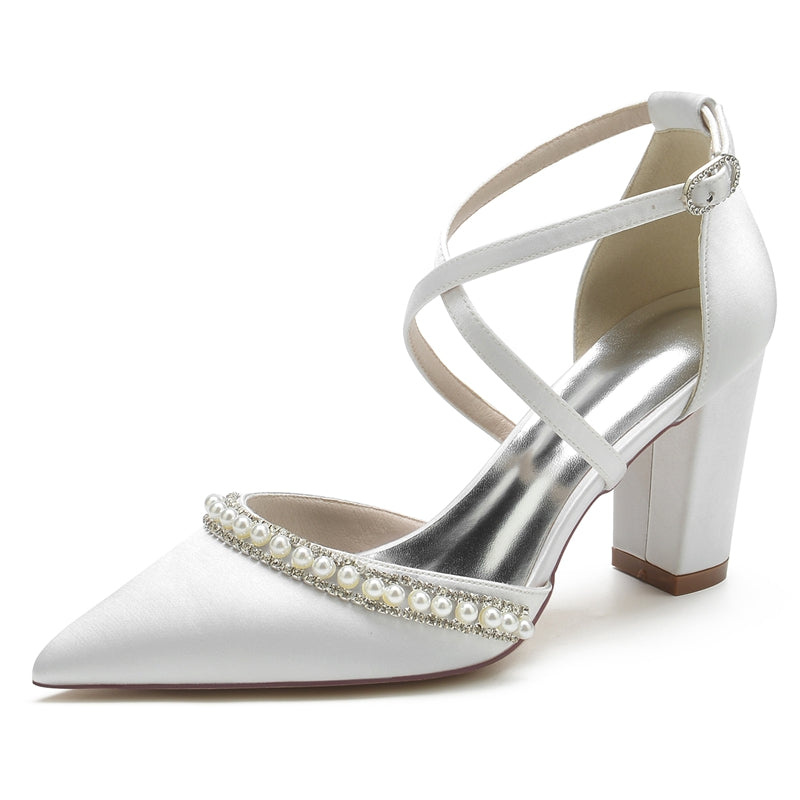 Women's Wedding Shoes Pointed Toe Chunky Heel Crossed Straps Bridal Shoes with Delicate Pearl