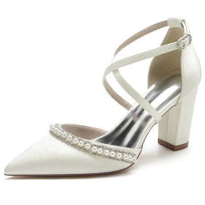 Women's Wedding Shoes Pointed Toe Chunky Heel Crossed Straps Bridal Shoes with Delicate Pearl