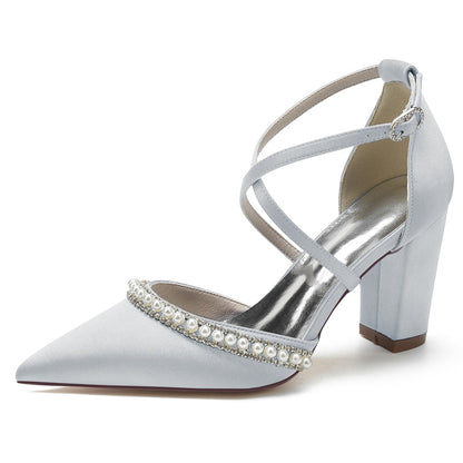 Women's Wedding Shoes Pointed Toe Chunky Heel Crossed Straps Bridal Shoes with Delicate Pearl