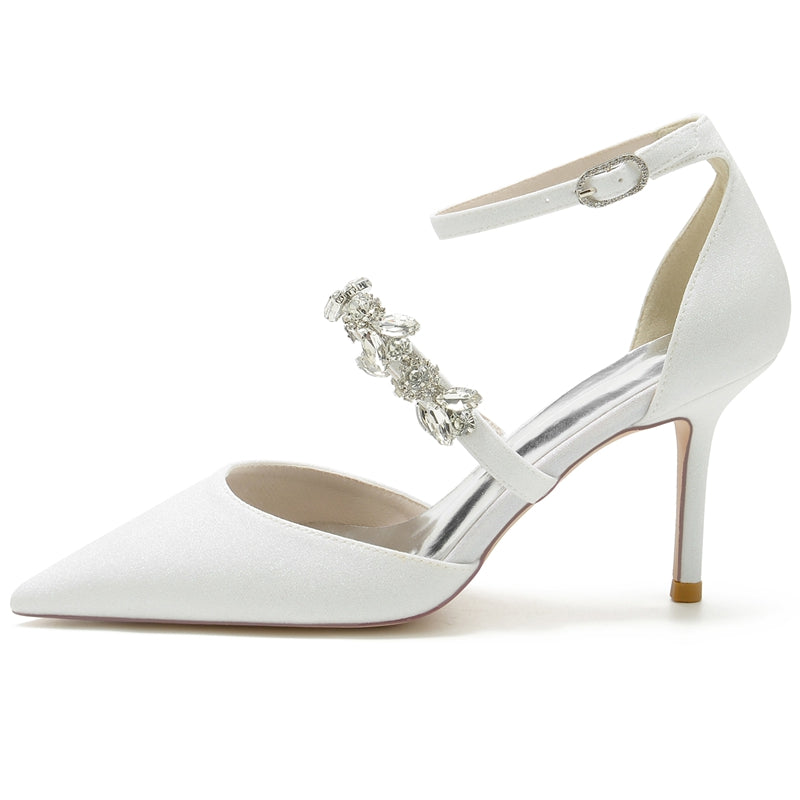Women's Wedding Shoes Pointed Toe High Heel Elegant Buckle Bridal Shoes with Rhinestone Straps