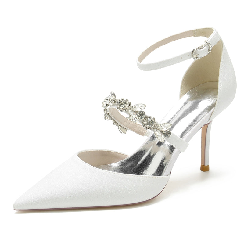 Women's Wedding Shoes Pointed Toe High Heel Elegant Buckle Bridal Shoes with Rhinestone Straps