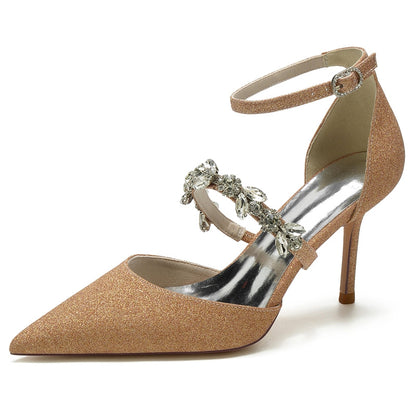 Women's Wedding Shoes Pointed Toe High Heel Elegant Buckle Bridal Shoes with Rhinestone Straps