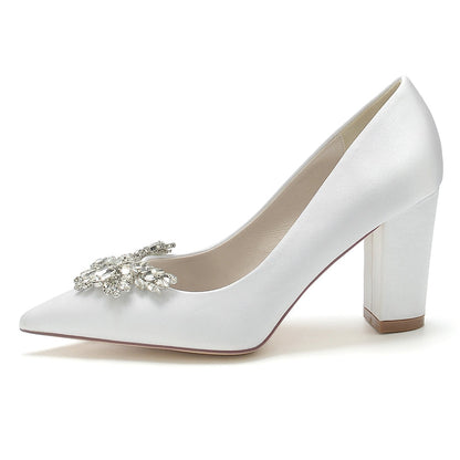 Women's Wedding Shoes Pointed Toe Chunky Heel Elegant Bridal Shoes with Rhinestone