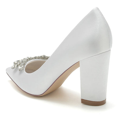 Women's Wedding Shoes Pointed Toe Chunky Heel Elegant Bridal Shoes with Rhinestone