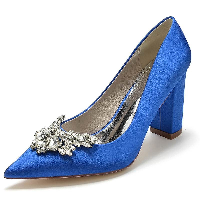 Women's Wedding Shoes Pointed Toe Chunky Heel Elegant Bridal Shoes with Rhinestone
