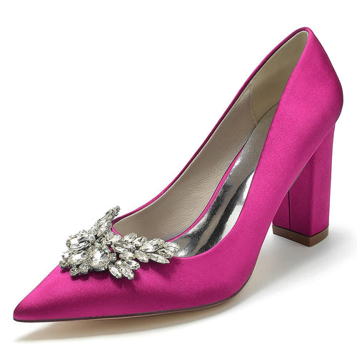 Women's Wedding Shoes Pointed Toe Chunky Heel Elegant Bridal Shoes with Rhinestone