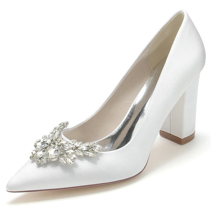 Women's Wedding Shoes Pointed Toe Chunky Heel Elegant Bridal Shoes with Rhinestone