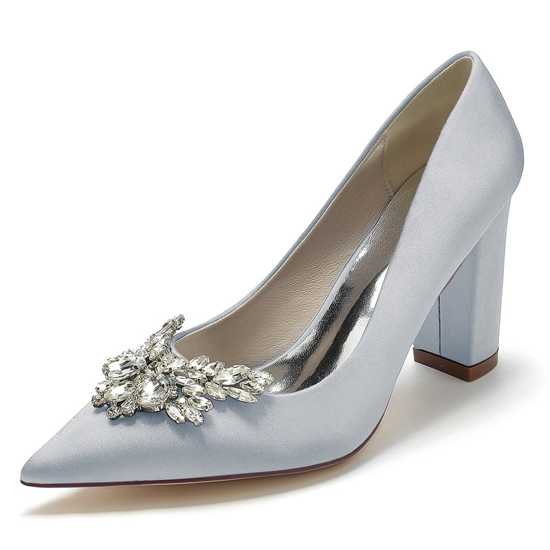 Women's Wedding Shoes Pointed Toe Chunky Heel Elegant Bridal Shoes with Rhinestone