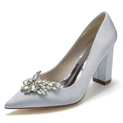Women's Wedding Shoes Pointed Toe Chunky Heel Elegant Bridal Shoes with Rhinestone