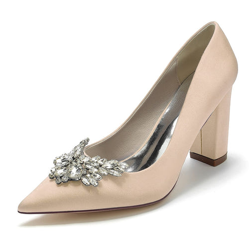 Women's Wedding Shoes Pointed Toe Chunky Heel Elegant Bridal Shoes with Rhinestone