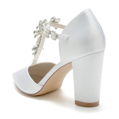 Women's Wedding Shoes Pointed Toe High Heel Stylish Buckle Bridal Shoes with Rhinestone Strap
