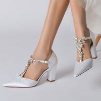 Women's Wedding Shoes Pointed Toe High Heel Stylish Buckle Bridal Shoes with Rhinestone Strap