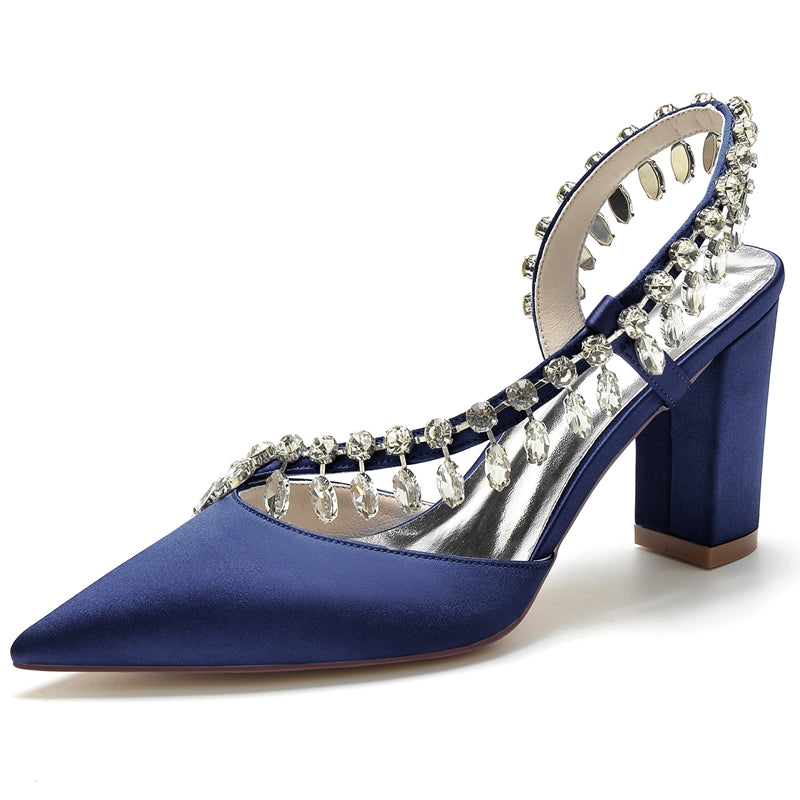 Women's Wedding Shoes Closed Toe Block Heel Exquisite Bridal Shoes with Curved Rhinestone