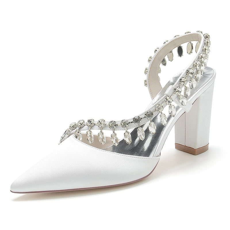 Women's Wedding Shoes Closed Toe Block Heel Exquisite Bridal Shoes with Curved Rhinestone