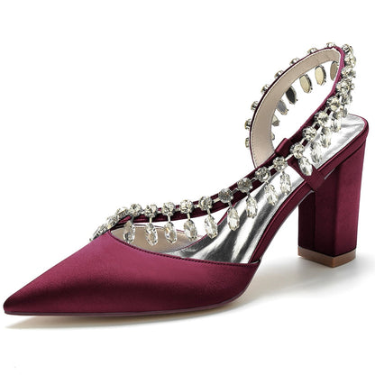 Women's Wedding Shoes Closed Toe Block Heel Exquisite Bridal Shoes with Curved Rhinestone