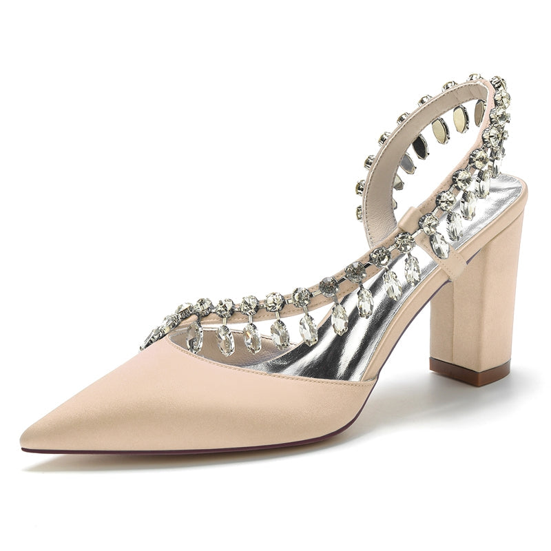 Women's Wedding Shoes Closed Toe Block Heel Exquisite Bridal Shoes with Curved Rhinestone