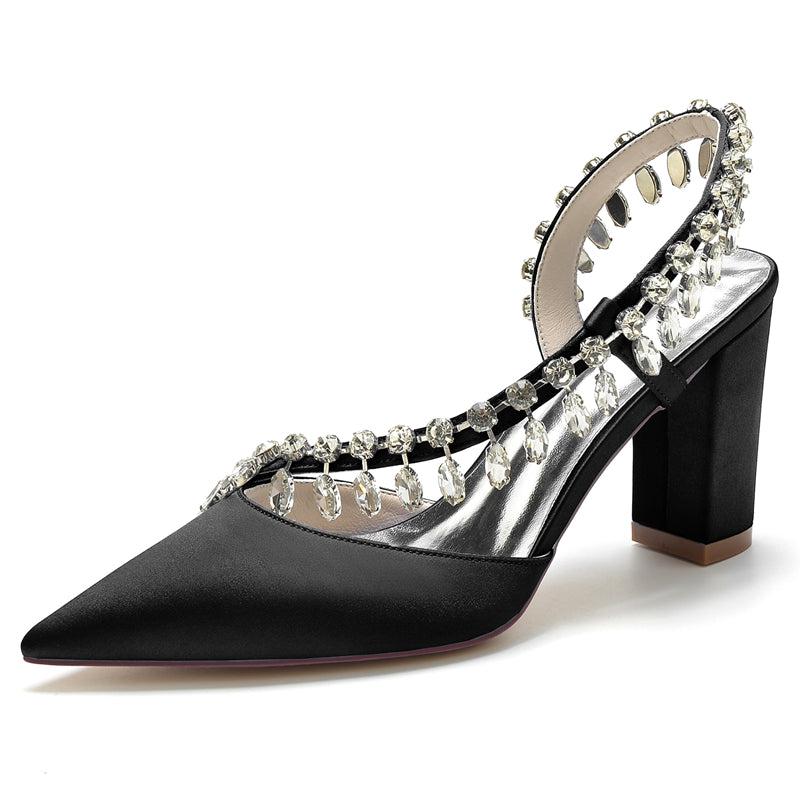 Women's Wedding Shoes Closed Toe Block Heel Exquisite Bridal Shoes with Curved Rhinestone