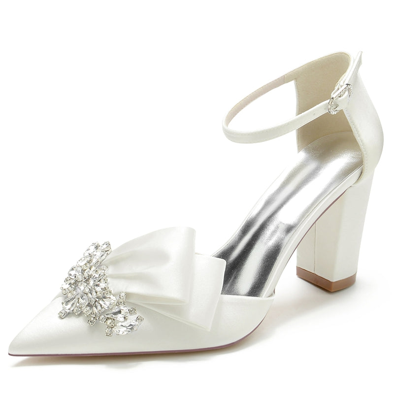 Women's Wedding Shoes Pointed Toe Luxurious Buckle Bridal Shoes with Rhinestone & Ruffles