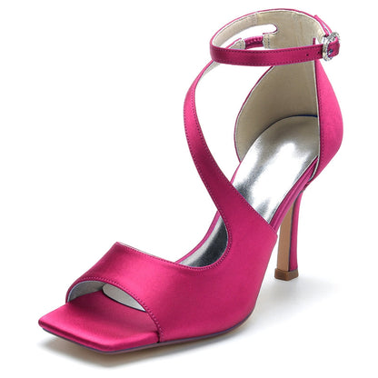 Women's Wedding Shoes Dark Blue Opened Toe High Heel Elegant Chic Buckle Bridal Shoes