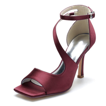 Women's Wedding Shoes Dark Blue Opened Toe High Heel Elegant Chic Buckle Bridal Shoes