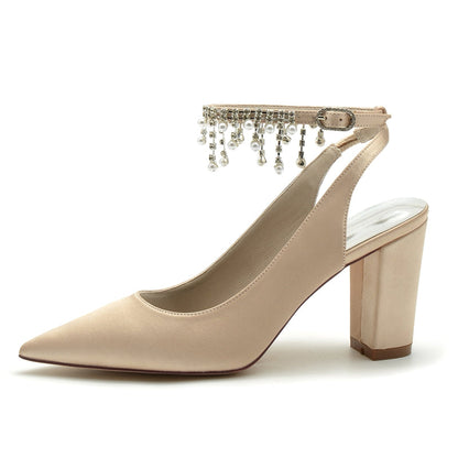 Women's Wedding Shoes Pointed Toe Chunky Heel Chic Buckle Bridal Shoes with Pearl Tassel