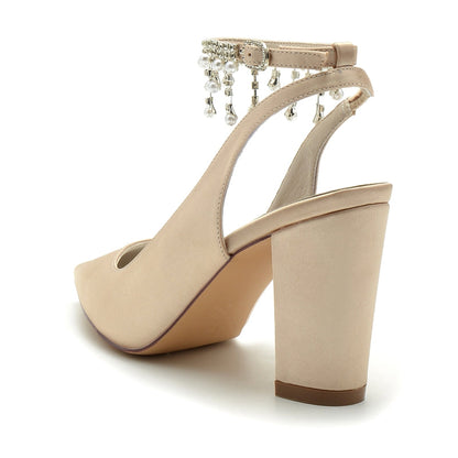 Women's Wedding Shoes Pointed Toe Chunky Heel Chic Buckle Bridal Shoes with Pearl Tassel