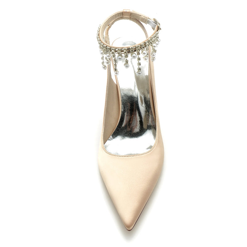 Women's Wedding Shoes Pointed Toe Chunky Heel Chic Buckle Bridal Shoes with Pearl Tassel