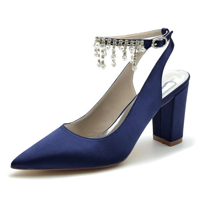 Women's Wedding Shoes Pointed Toe Chunky Heel Chic Buckle Bridal Shoes with Pearl Tassel