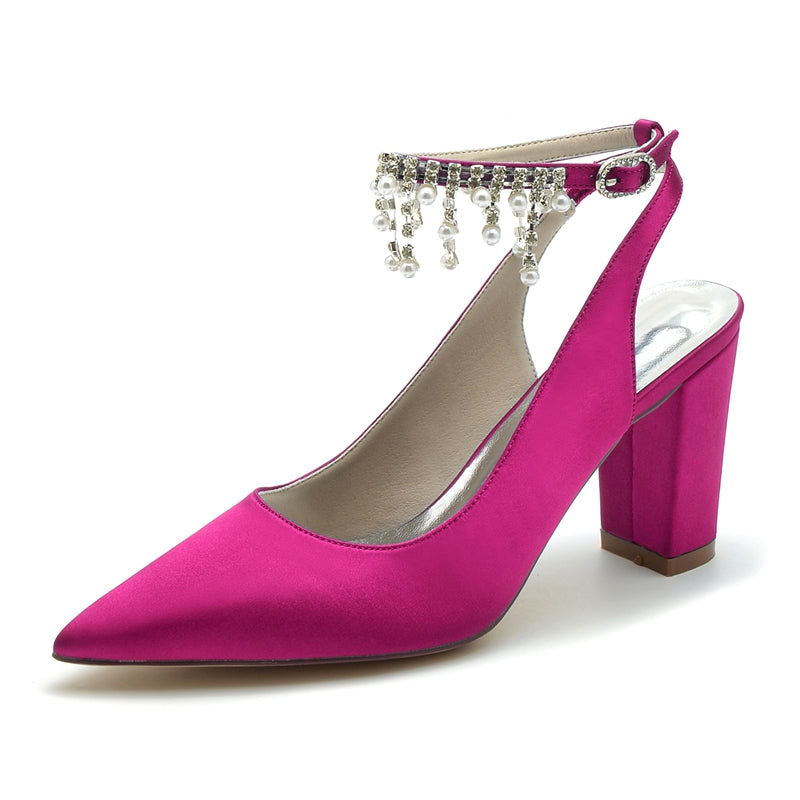 Women's Wedding Shoes Pointed Toe Chunky Heel Chic Buckle Bridal Shoes with Pearl Tassel