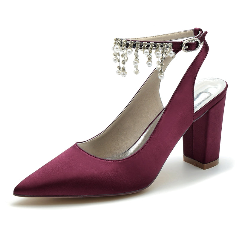 Women's Wedding Shoes Pointed Toe Chunky Heel Chic Buckle Bridal Shoes with Pearl Tassel