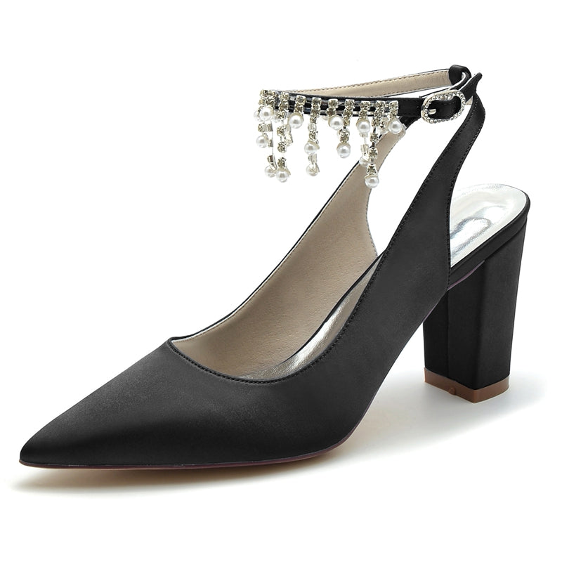 Women's Wedding Shoes Pointed Toe Chunky Heel Chic Buckle Bridal Shoes with Pearl Tassel