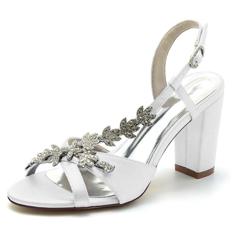 Women's Wedding Shoes Opened Toe Block Heel Rhinestone Leaves Elegant Bridal Shoes