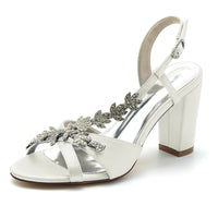 Women's Wedding Shoes Opened Toe Block Heel Rhinestone Leaves Elegant Bridal Shoes