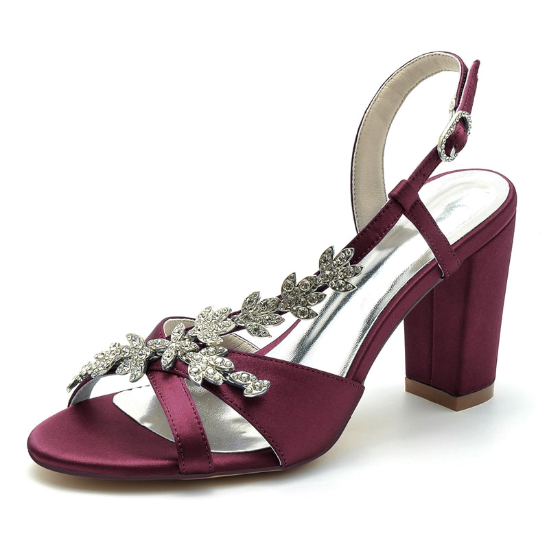 Women's Wedding Shoes Opened Toe Block Heel Rhinestone Leaves Elegant Bridal Shoes