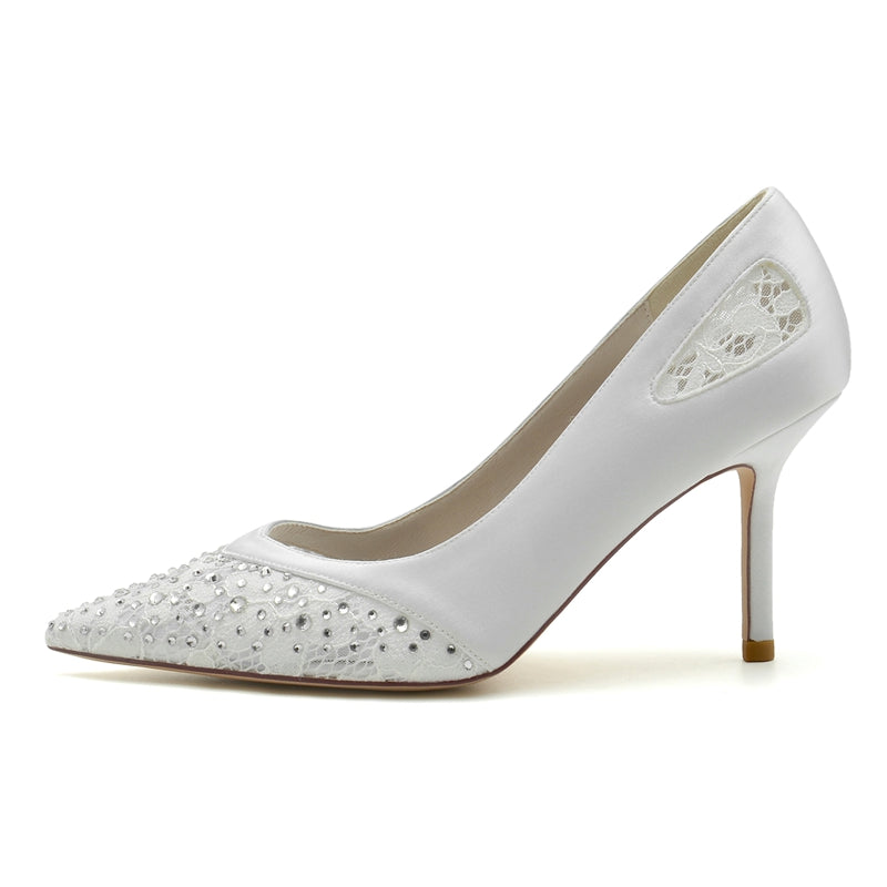 Women's Wedding Shoes Closed Toe High Heel Chic Lace Versatile Bridal Shoes