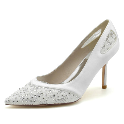 Women's Wedding Shoes Closed Toe High Heel Chic Lace Versatile Bridal Shoes