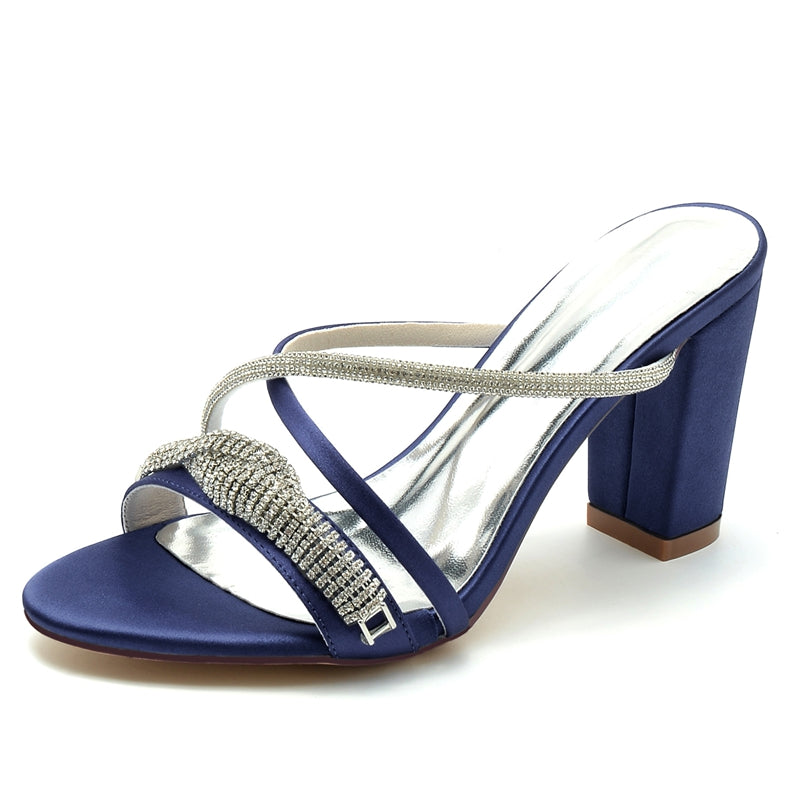 Women's Wedding Shoes Slip-on Opened Toe Cross-strap Block Heel Bridal Shoes with Spiral Rhinestone