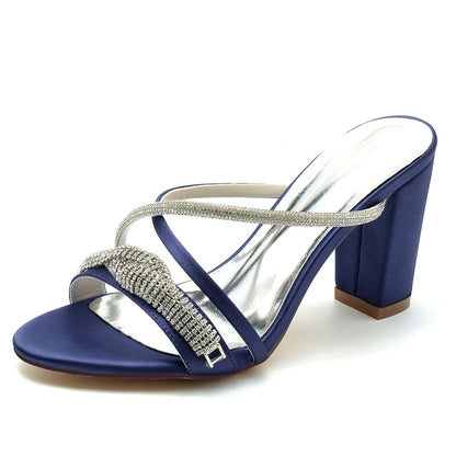 Women's Wedding Shoes Slip-on Opened Toe Cross-strap Block Heel Bridal Shoes with Spiral Rhinestone